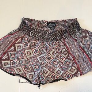 Angie Geometric Print Smocked Shorts - Brown, Teal & Red